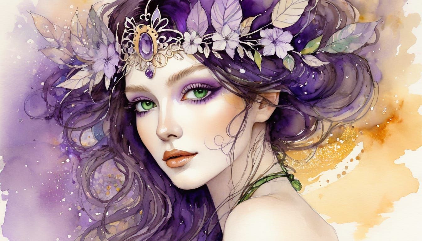 Ethereal Goddess in Purple Bikini, Inspired by Klimt and Roy...