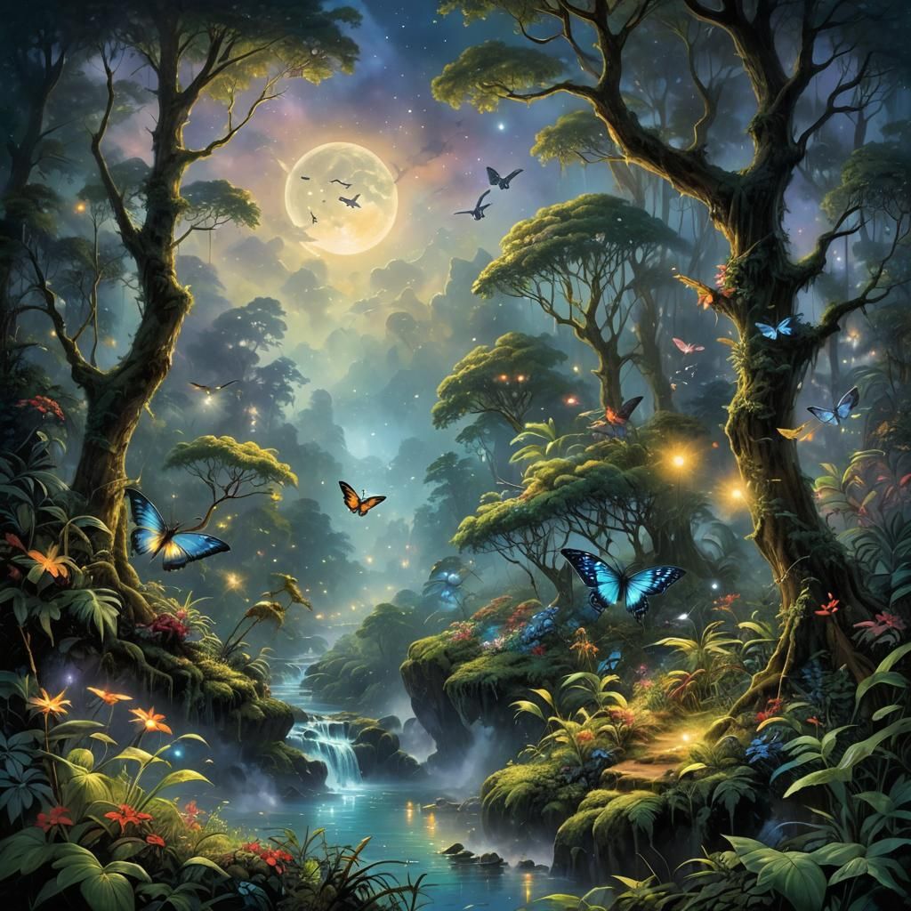 Night Rainforest Fantasy with Galaxies