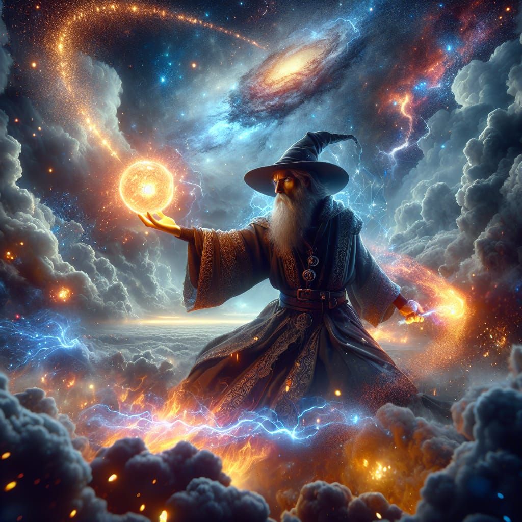 Wizard Casting Fireball Spell in Cosmic Battlefield