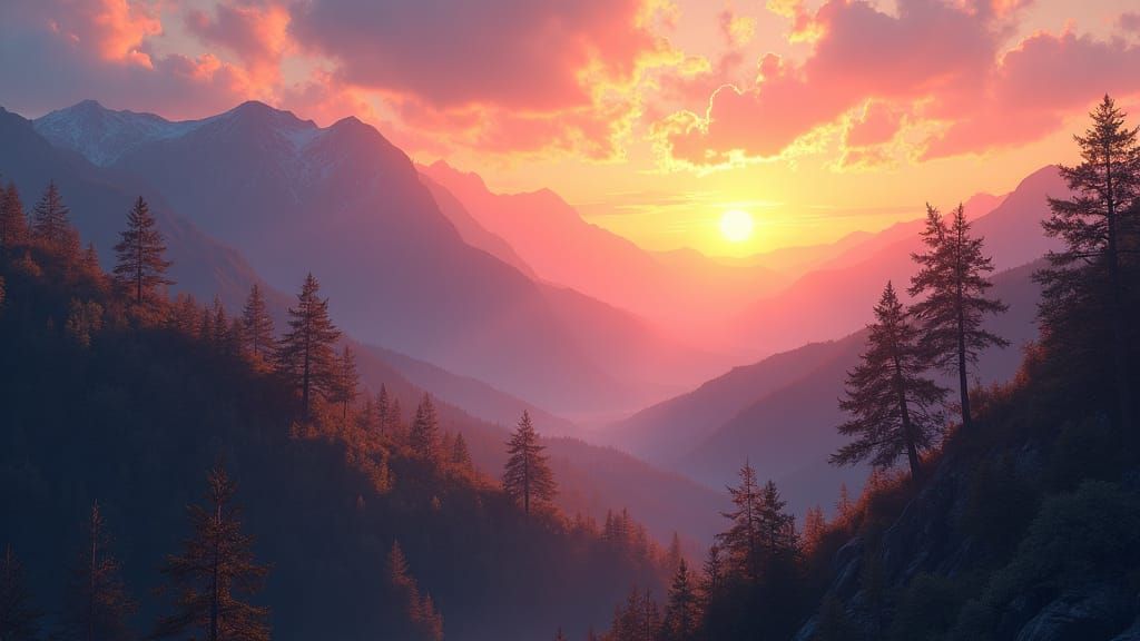 Golden Sunset: Mountain Landscape in Matte Painting Style
