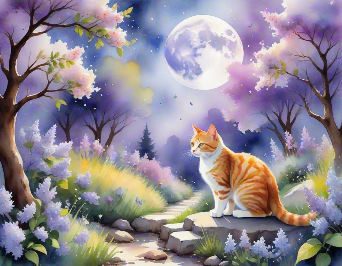 Surreal Ginger Cats Under Full Moon, with Vibrant Planets an...