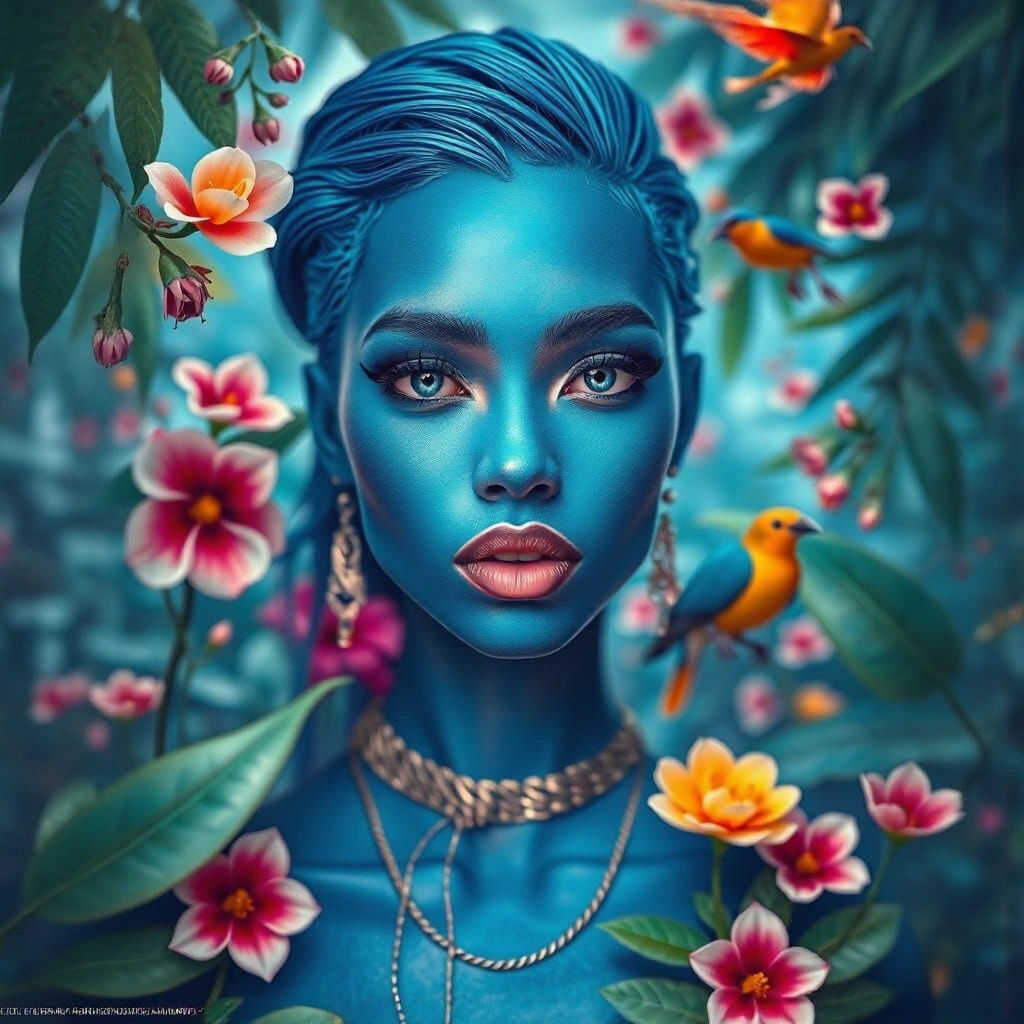 Blue Avatar in Lush Jungle Portrait
