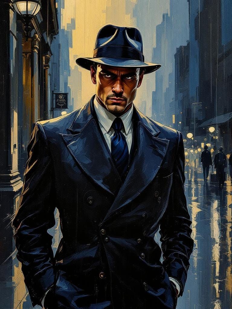 Man in Fedora on Wet Street as Impasto Painting