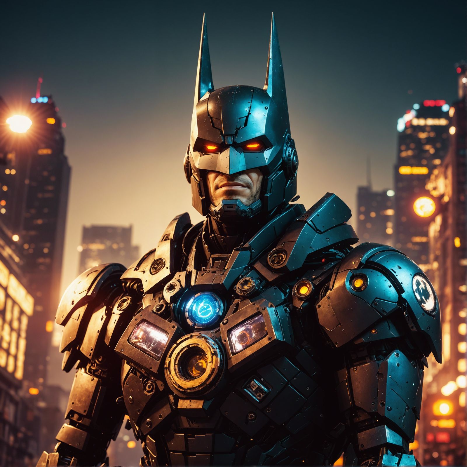 Cyborg Mech Batman in Grungy Cityscape