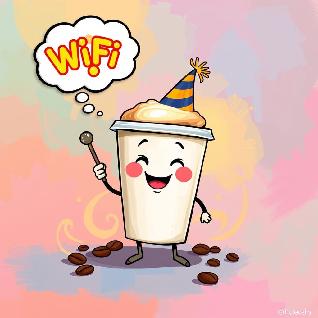 Whimsical Coffee Cup Celebrates Wi-Fi in a Colorful Scene