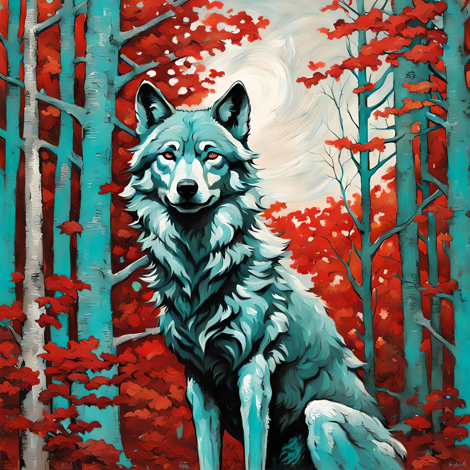 Autumn, wolf, forest, Norman Rockwell, Arthur Rackham, illustration, light, wrath, cute, strong, turquoise, silver, red,...