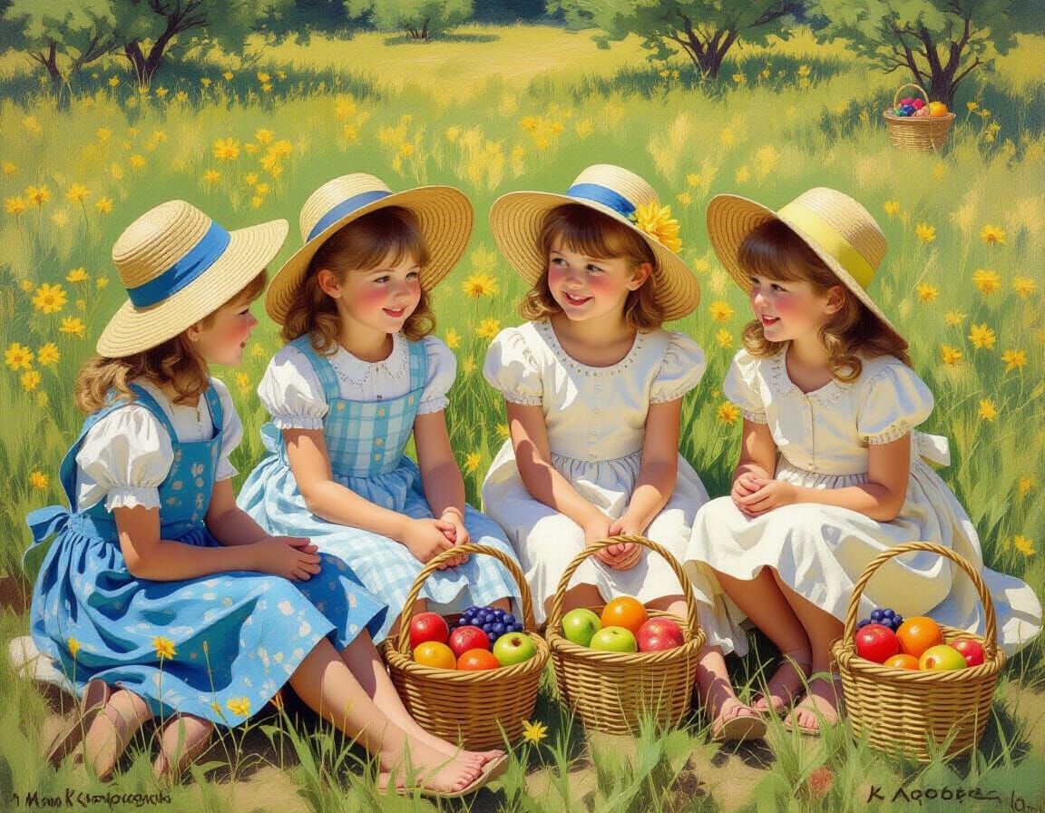 Realistic Painting of Girls Fruit Picking in Field