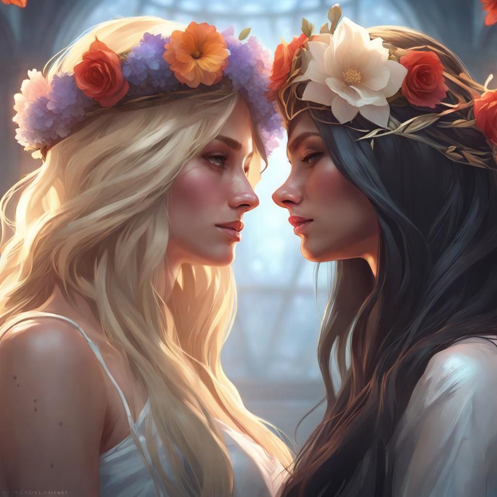 Women with Flower Crowns in Art Nouveau Portrait