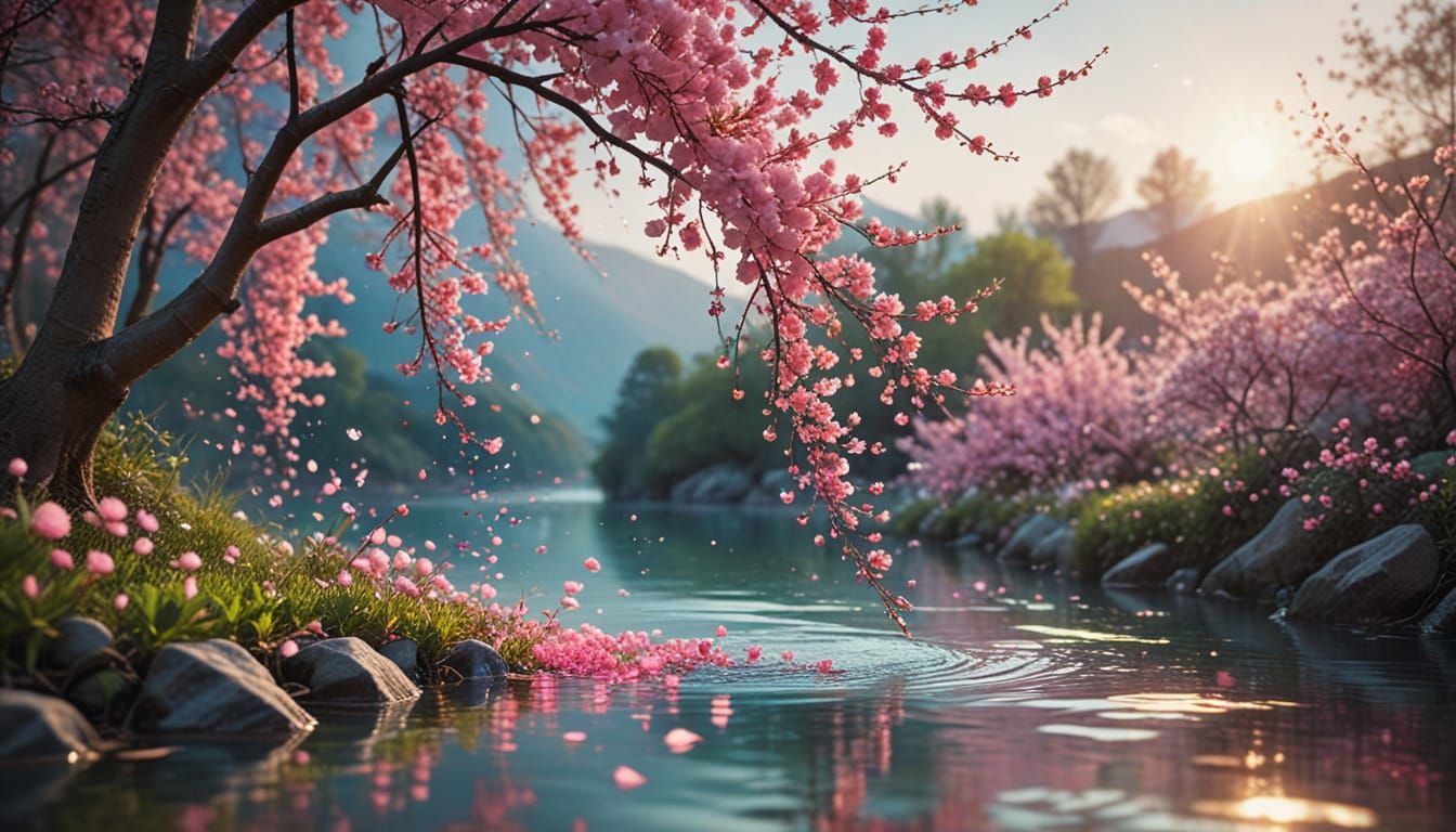 Vertical River Arch of Cherry Blossoms in Pastel Sunset