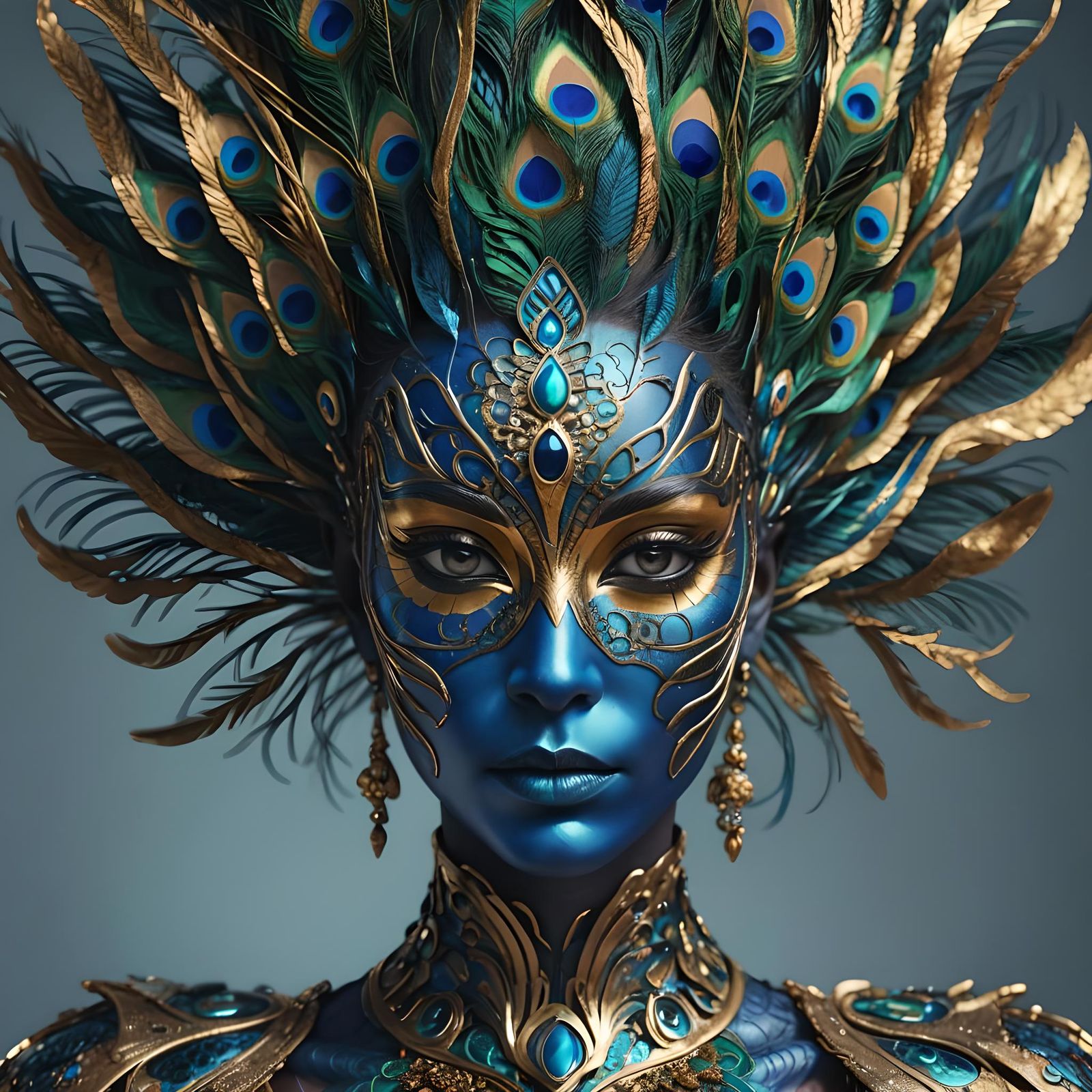 Metallic Blue Humanoid with Peacock Hair, 8K Render