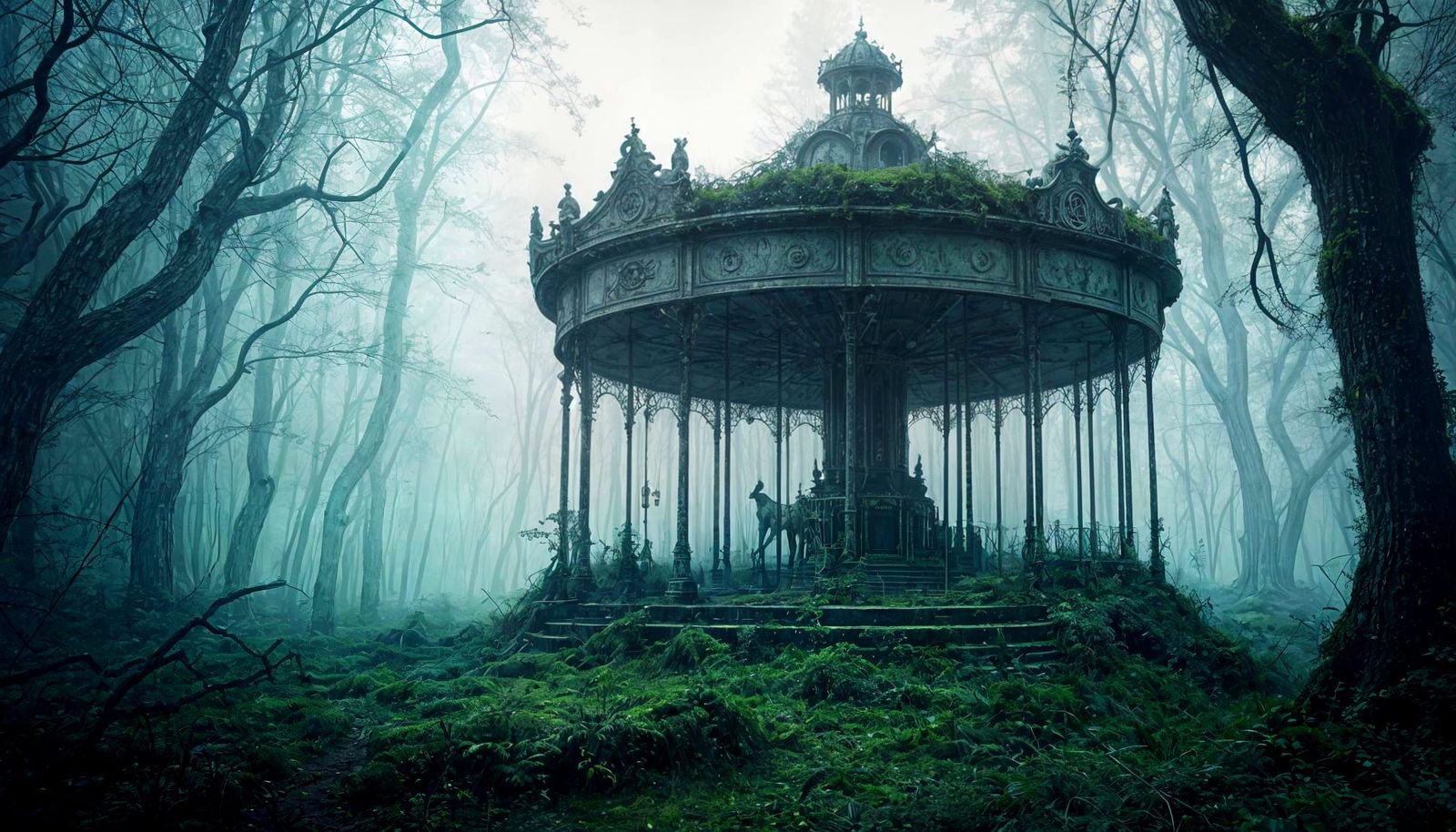 Haunting Carousel in Misty Forest Under Eerie Moonlight