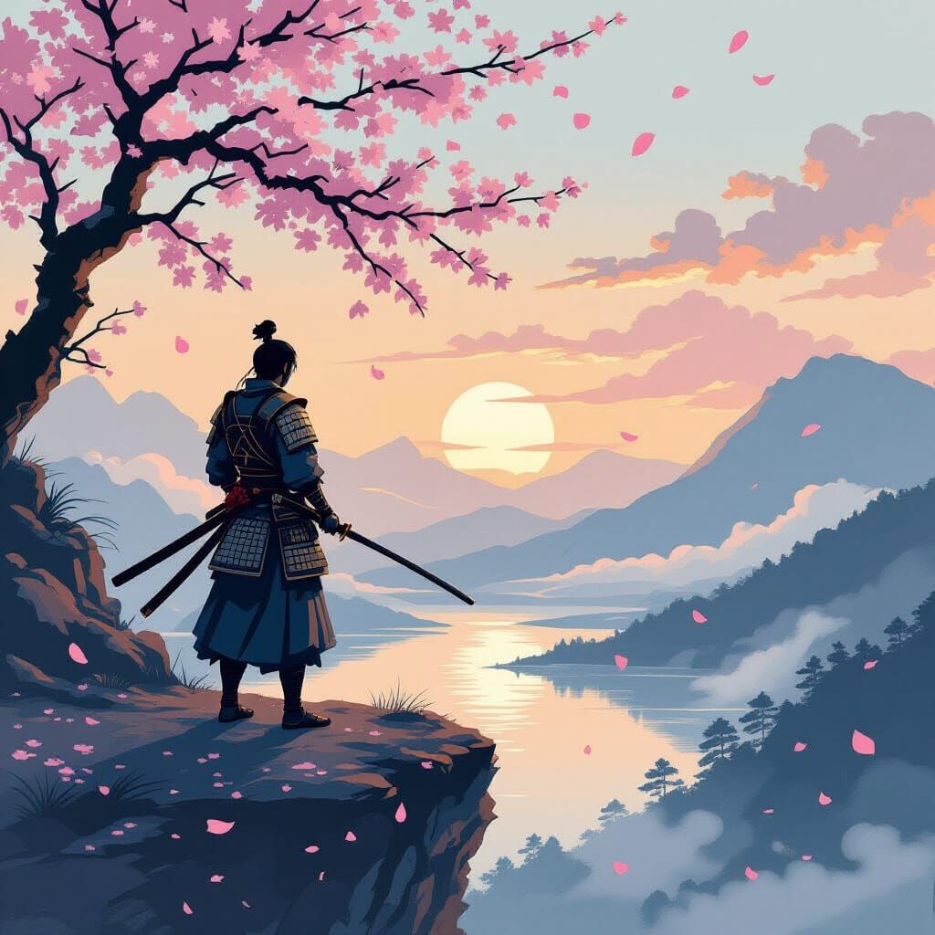 Samurai Warrior on Cliff at Dusk in Ukiyo-e Style