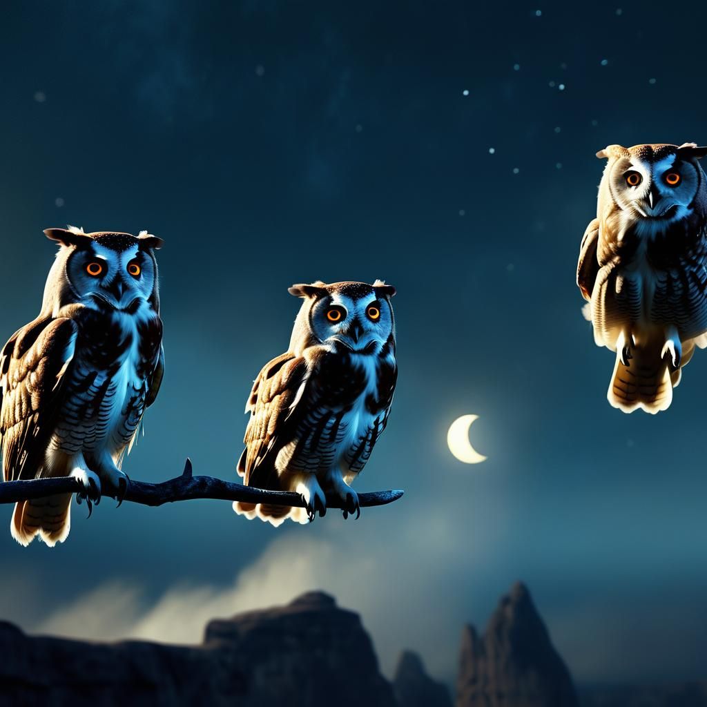 Owls in Flight Under Moonlight: Digital Matte Painting