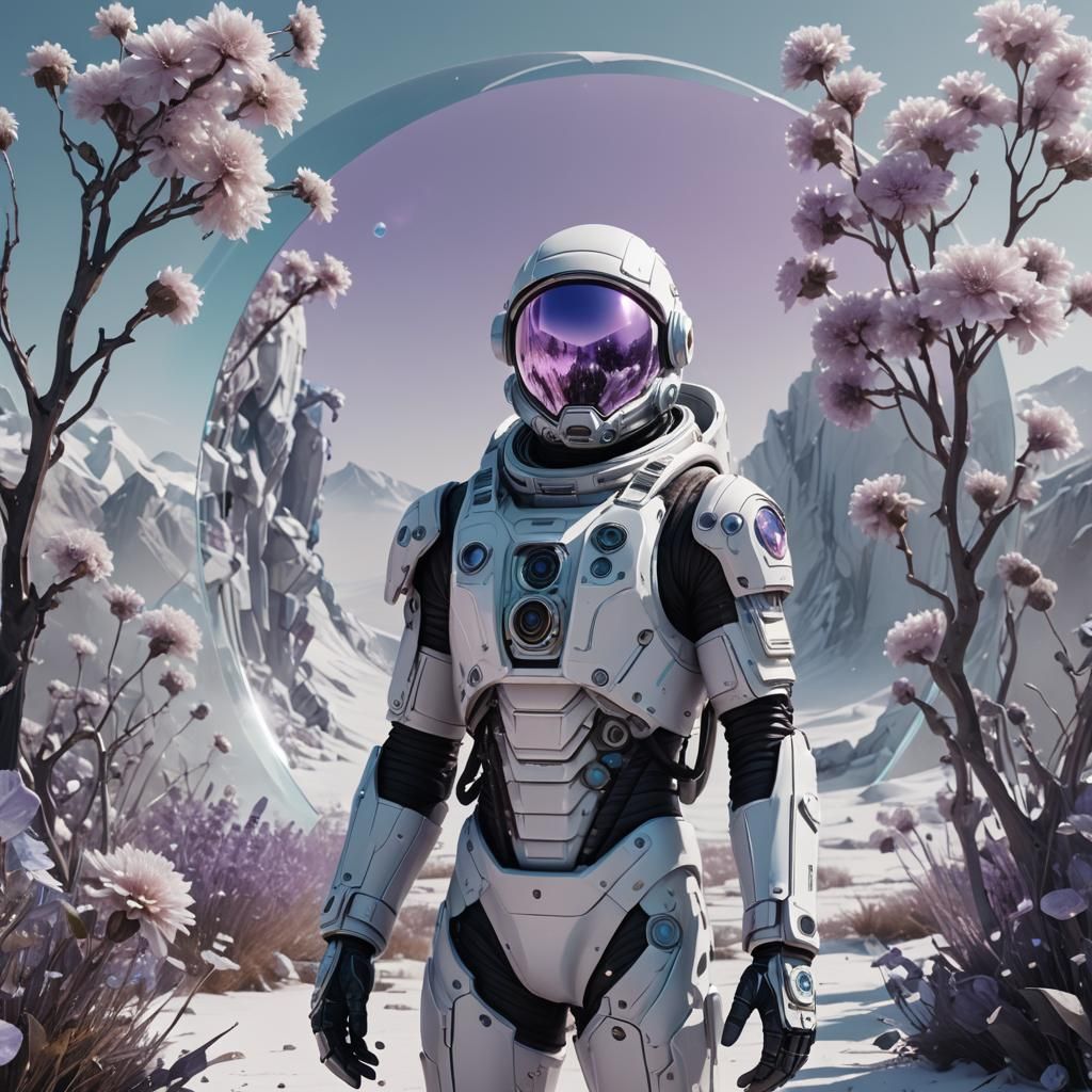 Biomechanical Astronaut in Wasteland with Glass Flowers