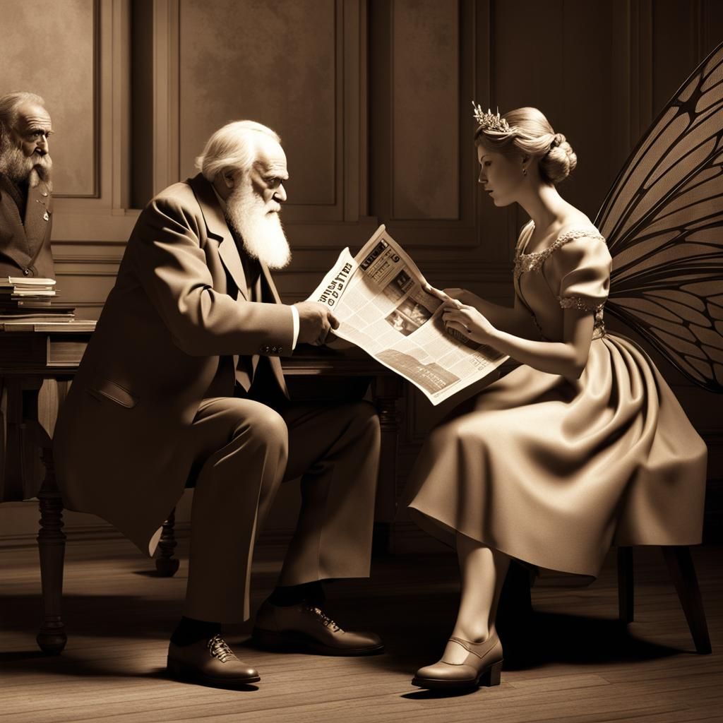Darwin and Fairy Debate in Sepia Newspaper Style