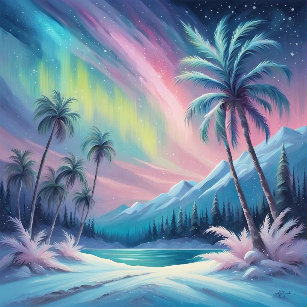 Aurora Dances Above Snow-Kissed Palm: Dreamy Oil Painting