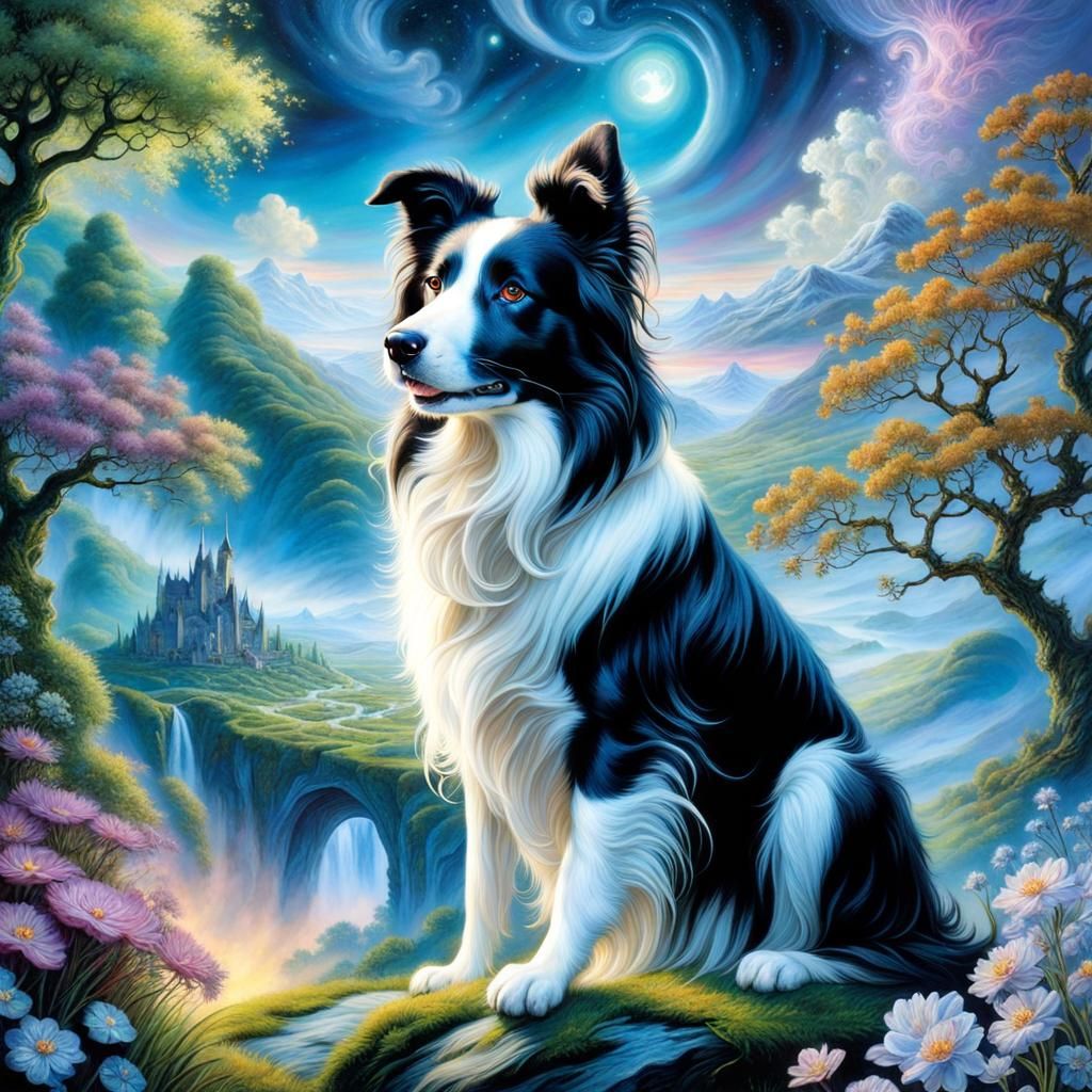 Border Collie in a Mystical Landscape