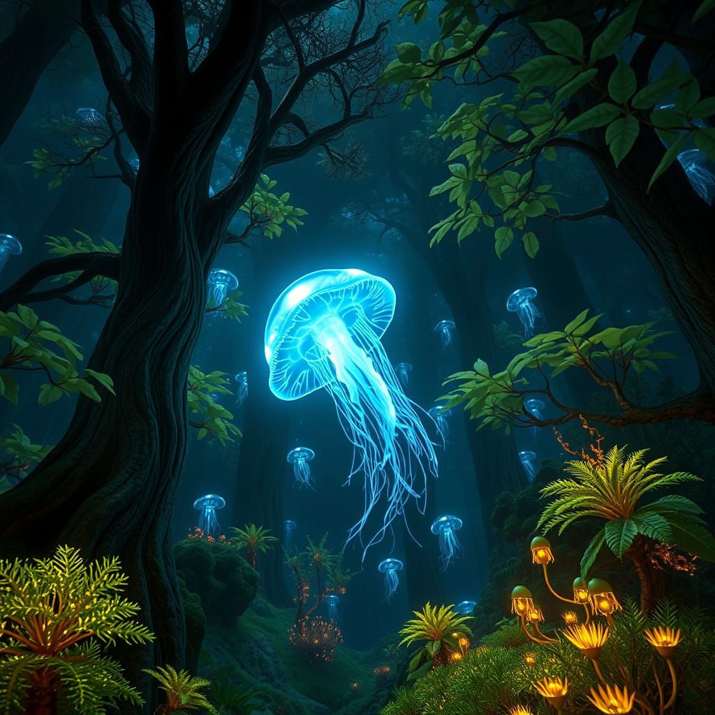Bioluminescent Jellyfish Illuminates Alien Forest in Etherea...