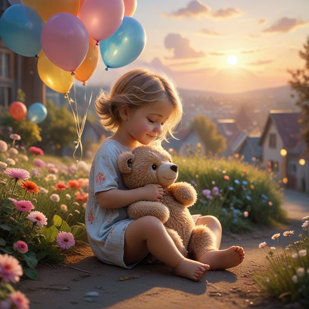 Whimsical City Sunset with Hugging Baby and Bear