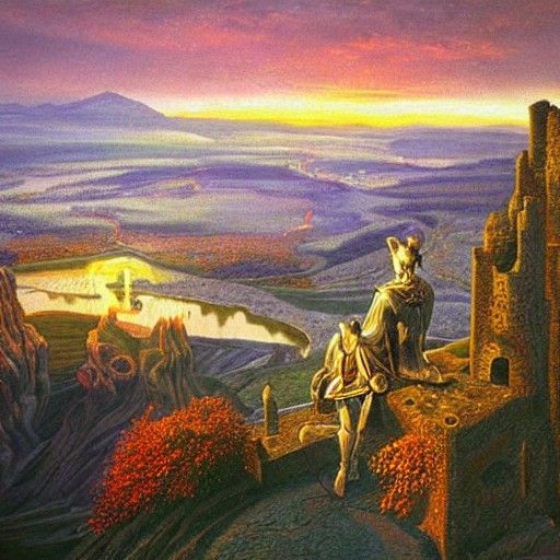 Celtic Knight Overlooking Fall Valley: Surreal Oil Painting
