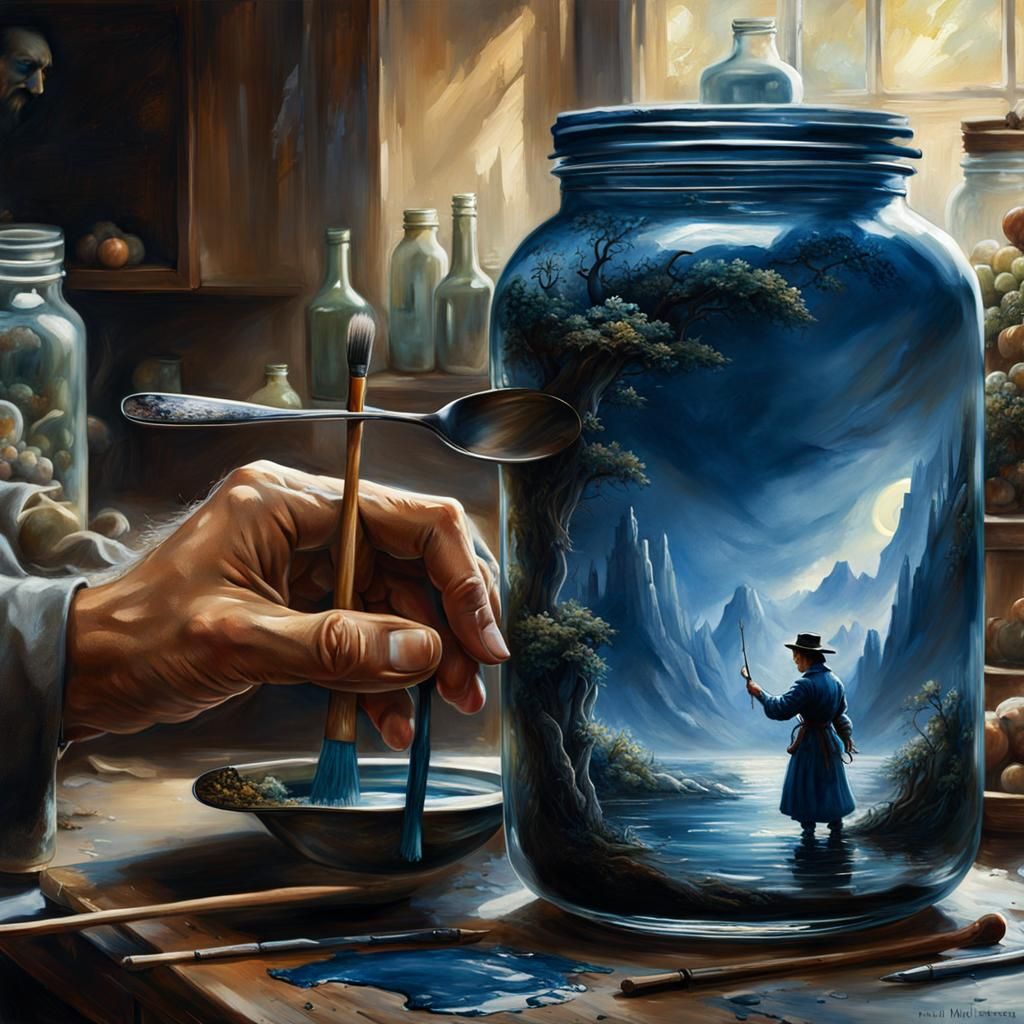 Surreal Artist Painting in a Jar