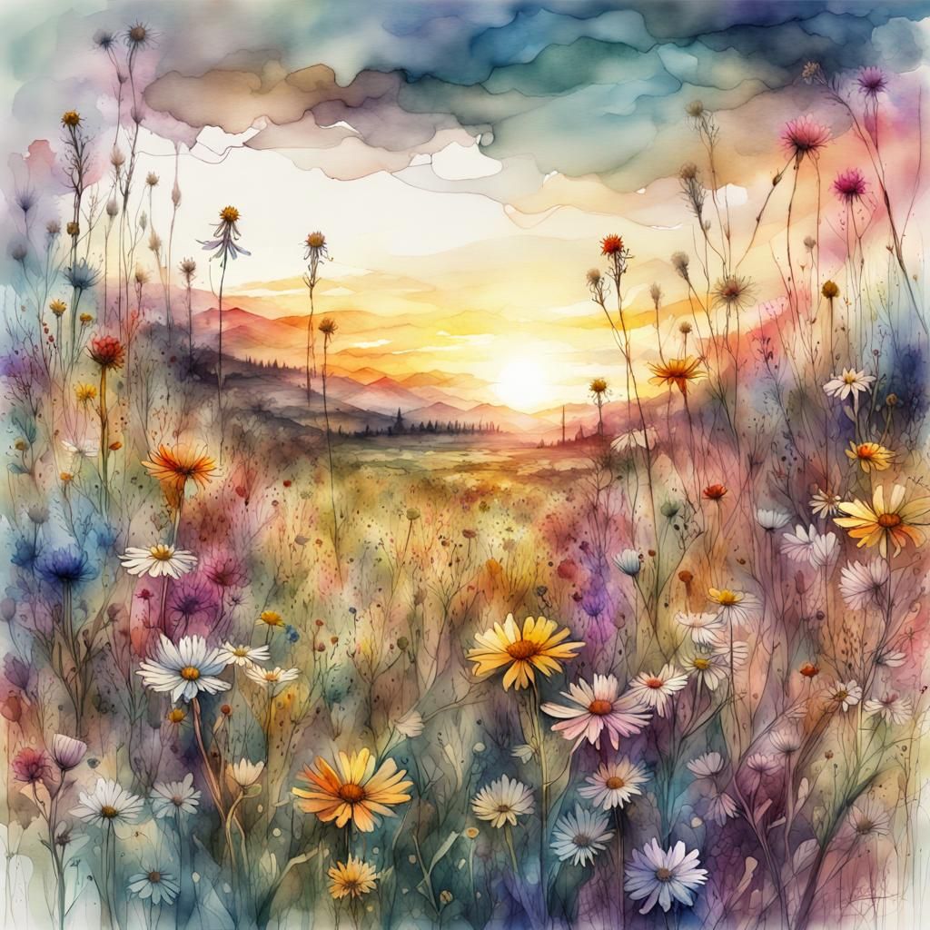 Colorful Wildflower Field at Sunset in Watercolor Style