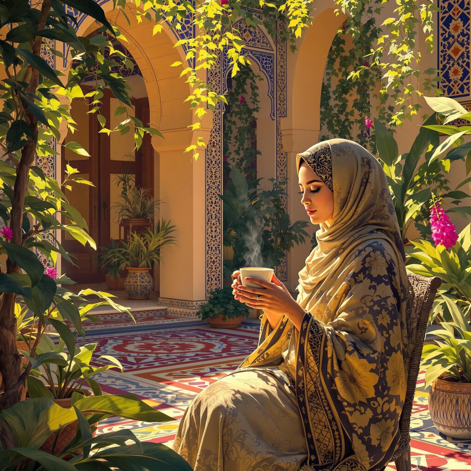 Serene Muslim Woman in Moroccan Courtyard, Digital Art