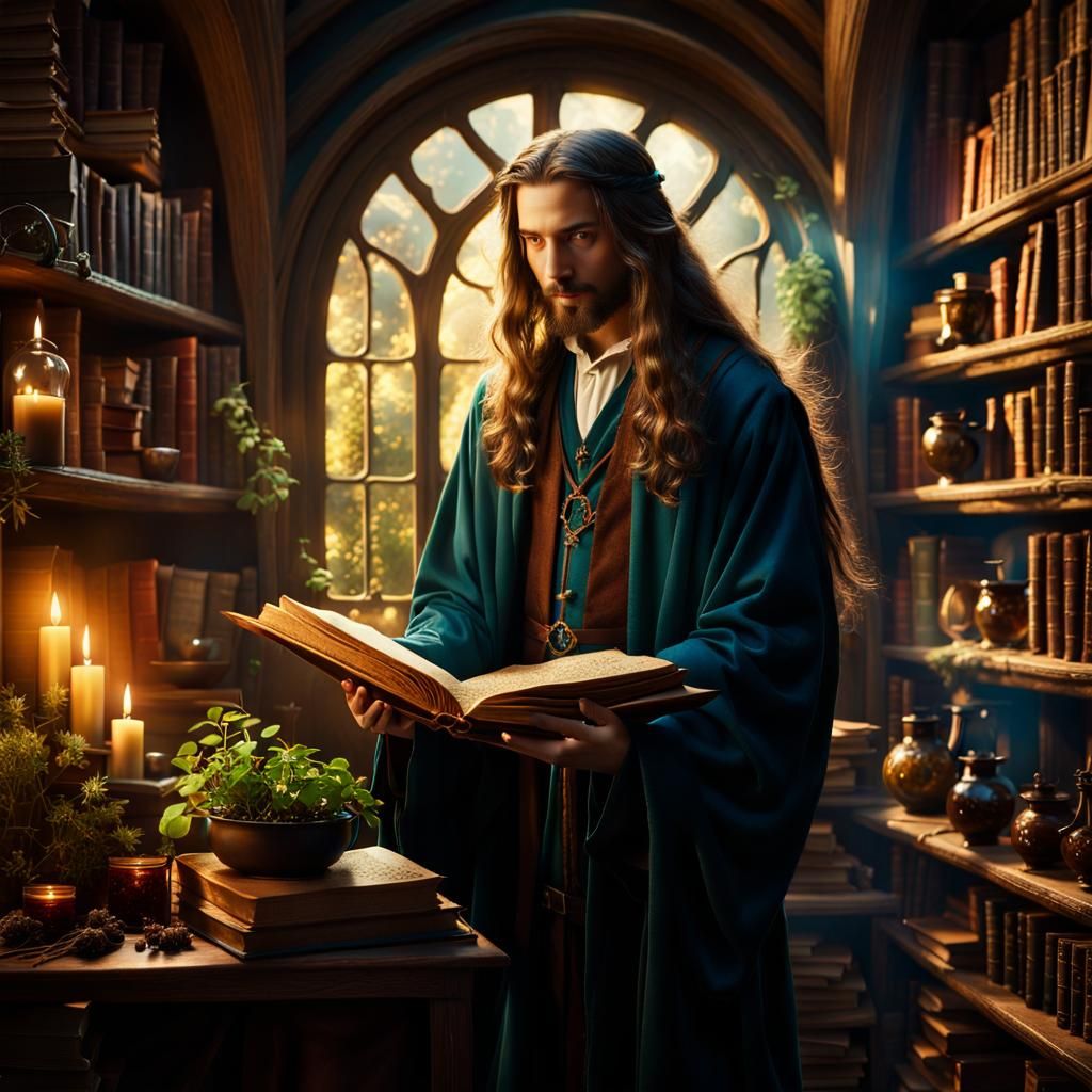 Young Wizard in Cozy Room with Forest Spirit