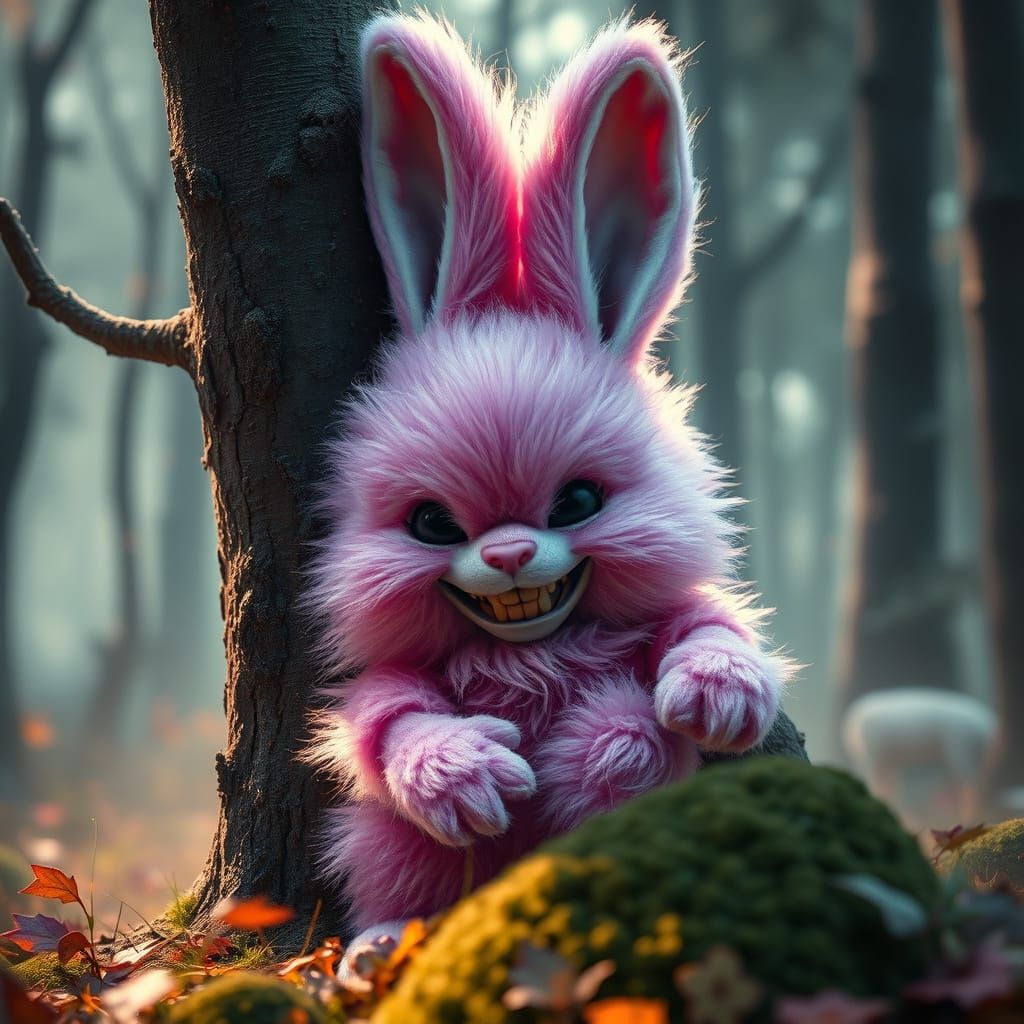 Pink Rabbit Lurking in Misty Forest, Hyperrealistic Splash A...