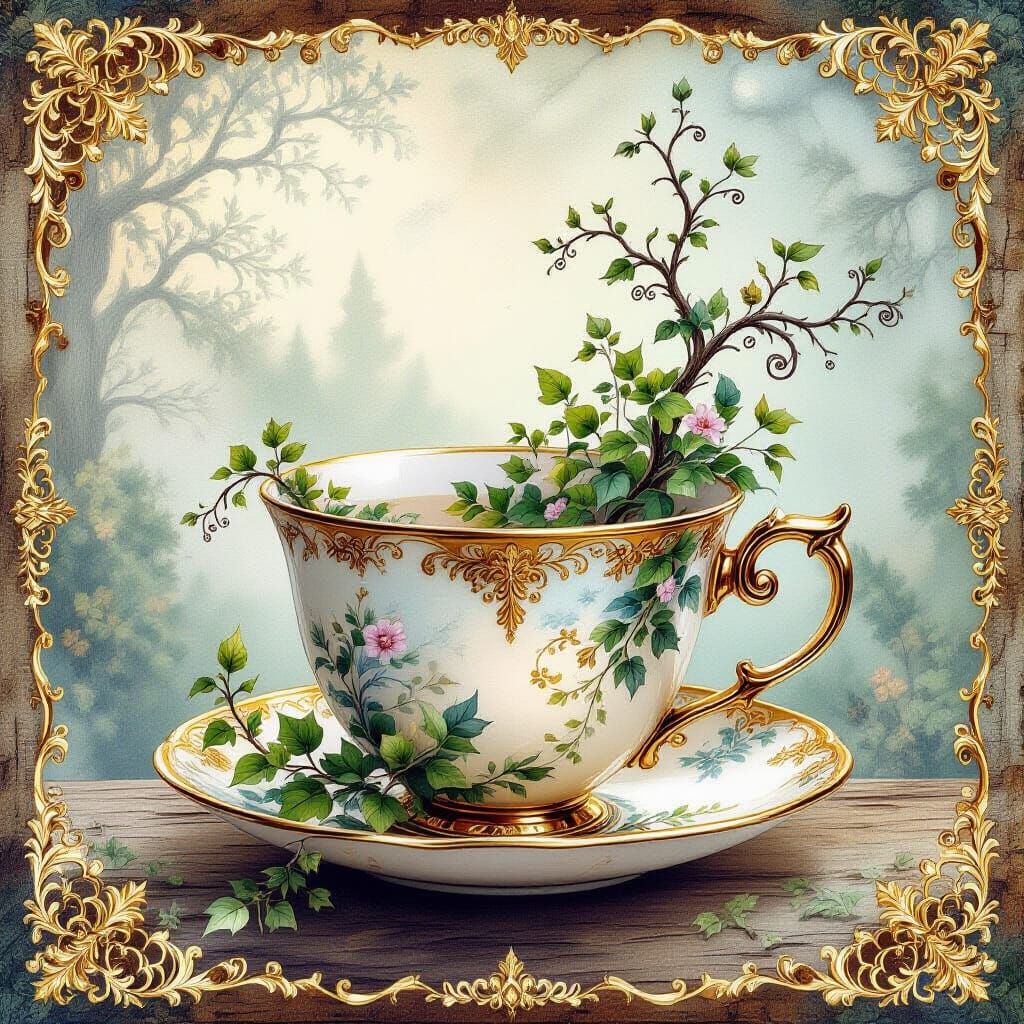 Steampunk Teacup with Watercolor Flora and Foliage