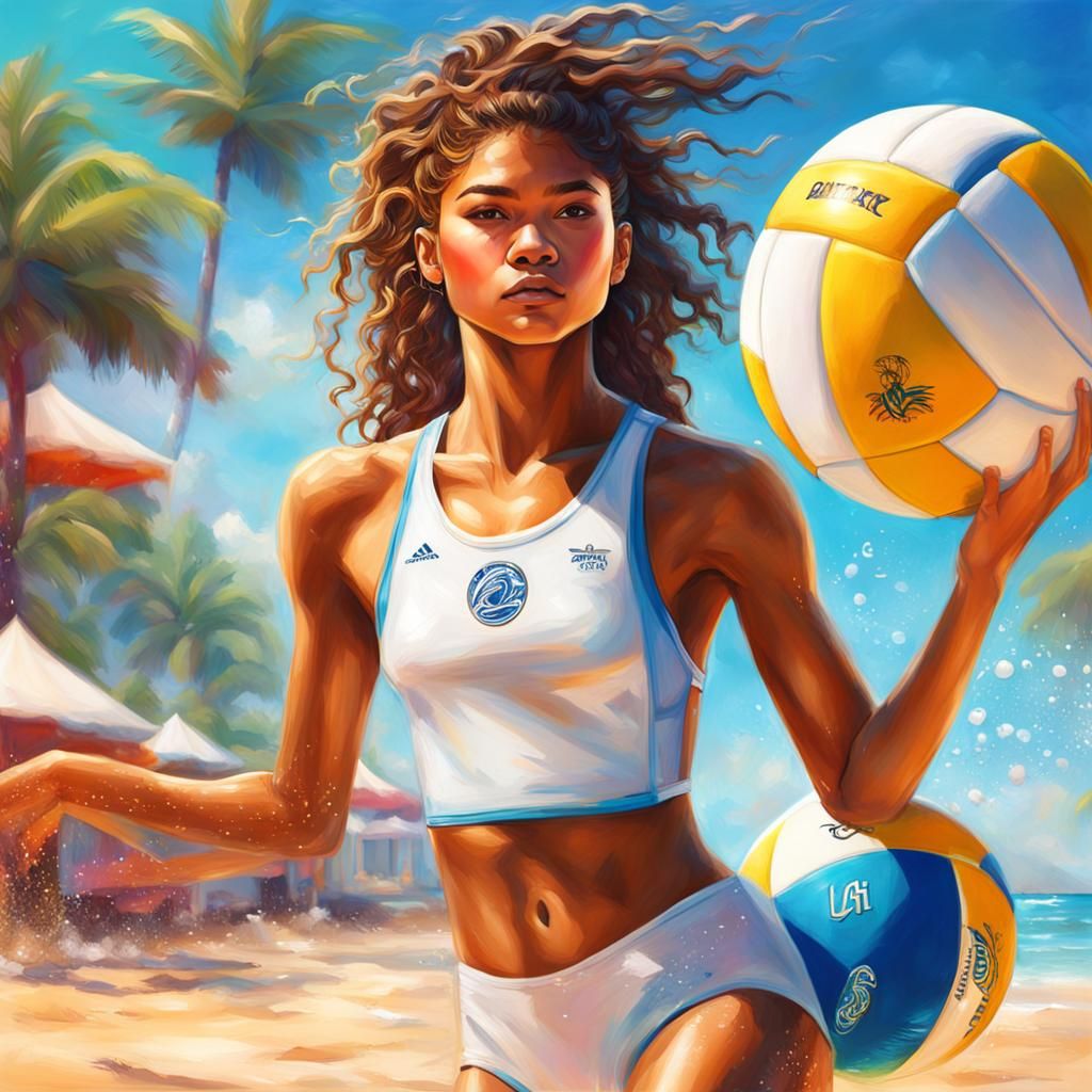 Zendaya Portrait on Beach in Splash Art Style