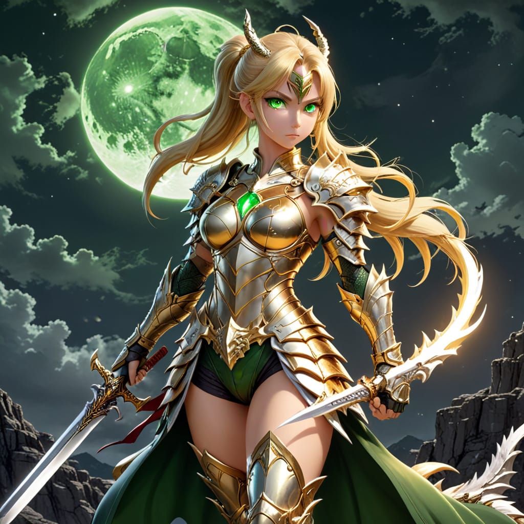 Female Warrior in Dragon Armor Under Moon Eclipse