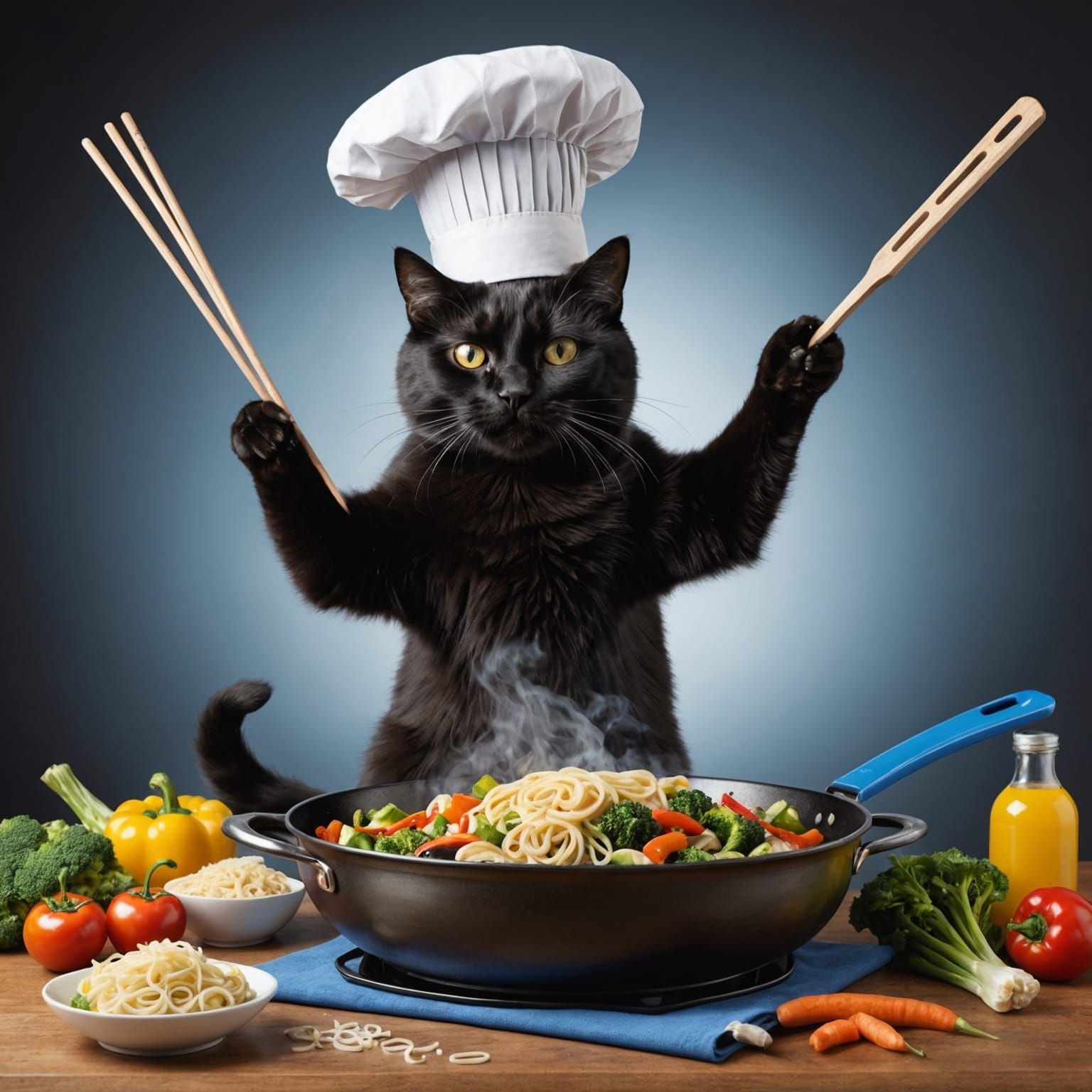 Black Cat Chef Stir Fry: Photorealistic Pencil Sketch