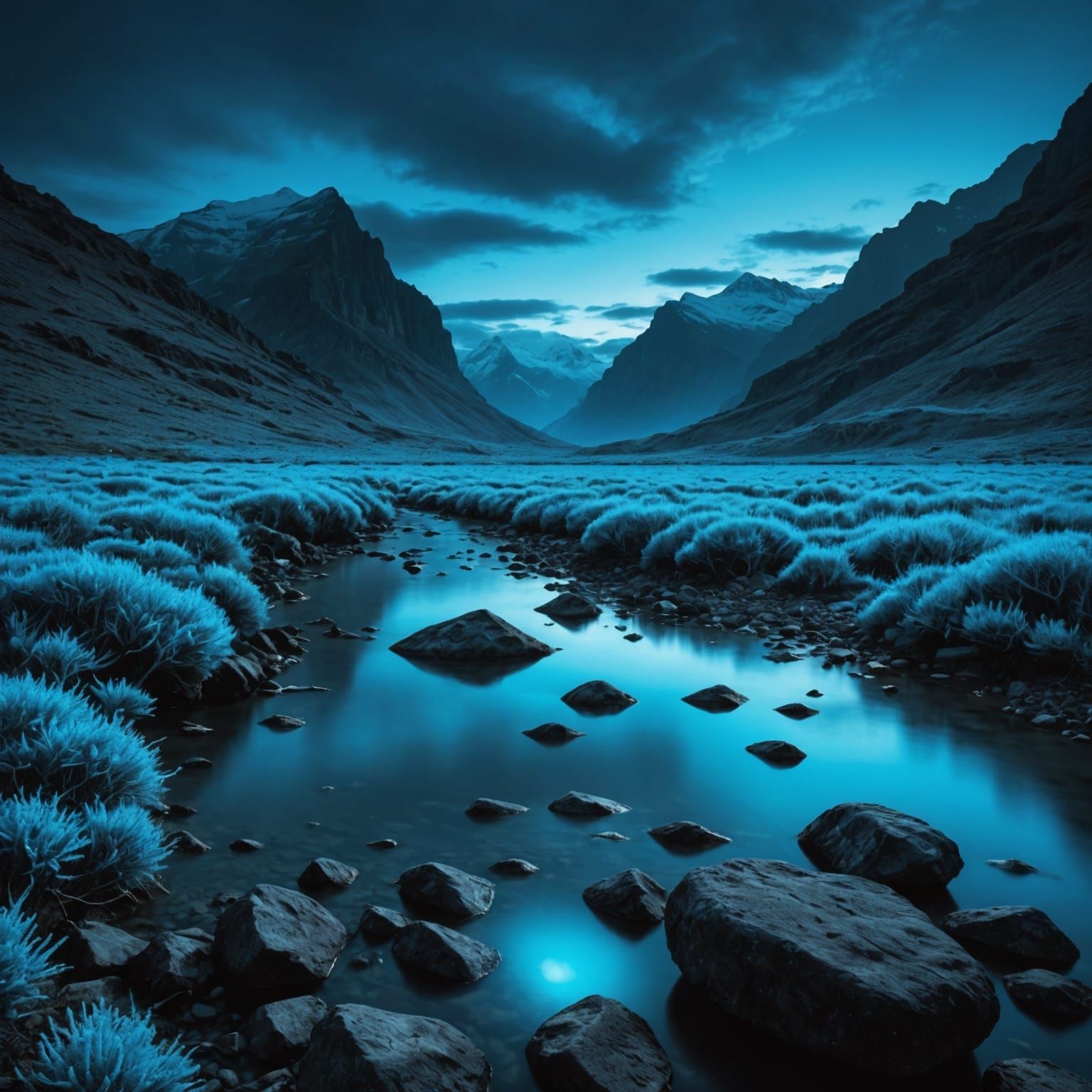 Neon Blue Ethereal Landscape in Hyperrealistic Style