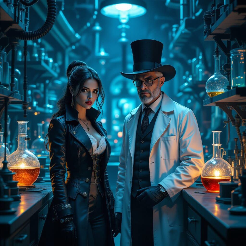 Determined Woman and Mad Scientist in Arcane Lab