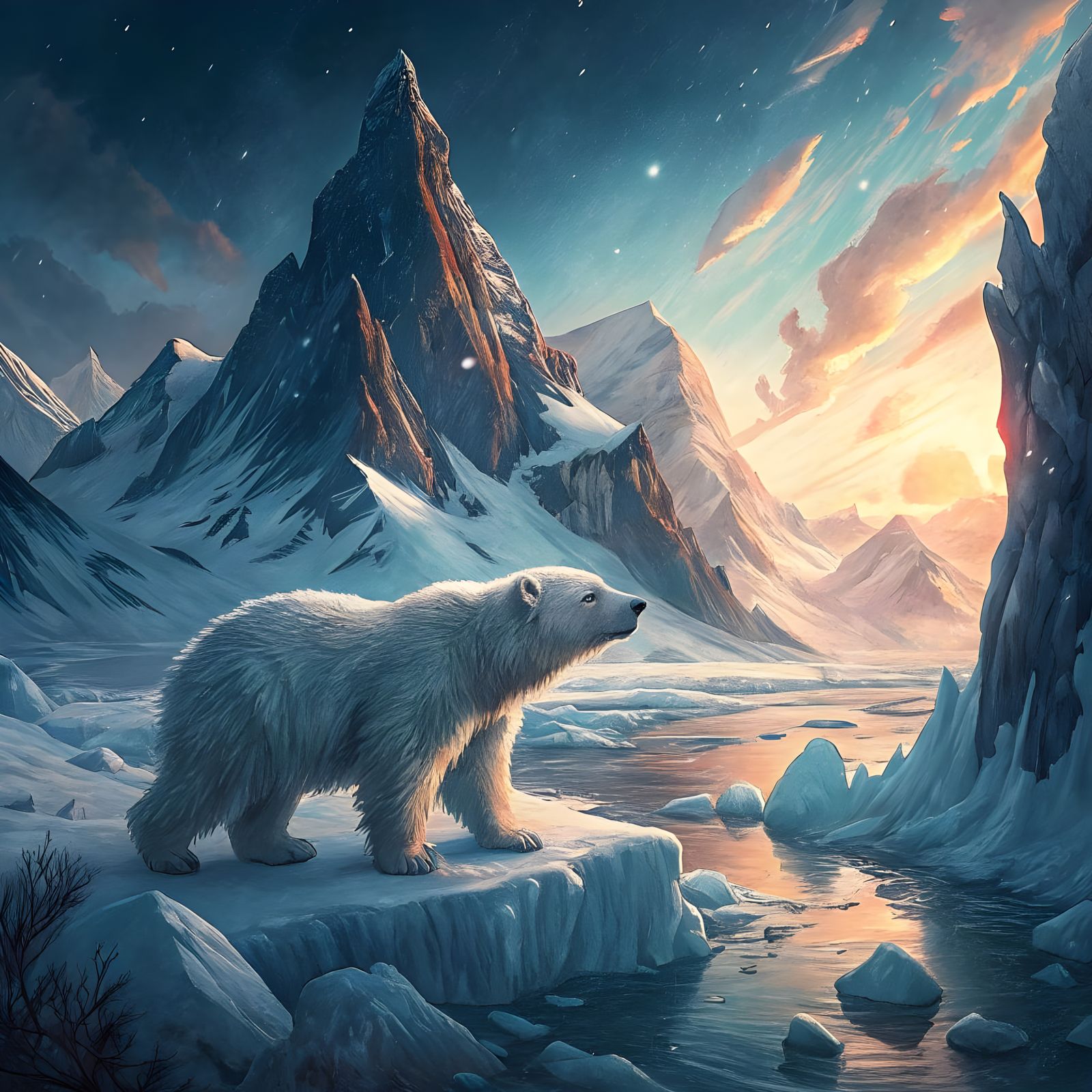 Realistic Arctic Landscape with Majestic Polar Bear Cub