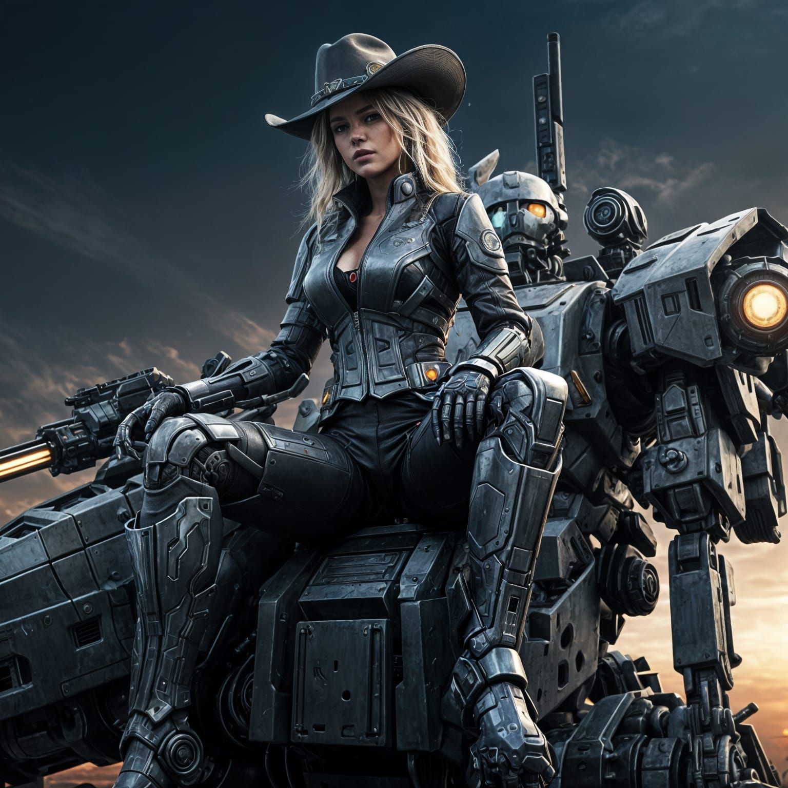 Sci-Fi Cowgirl Rises from Mech's Cockpit at Dusk