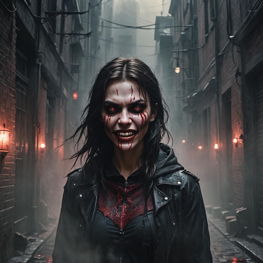 Demonic Girl in Misty Alleyway: Digital Art