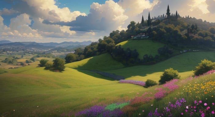 Vibrant Rolling Hills Landscape in Hyperdetailed Digital Art...