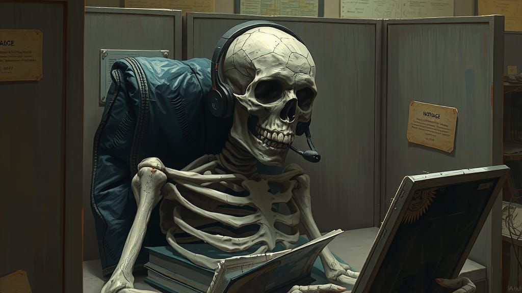Skeleton Telemarketer in Cubicle: Horror Art