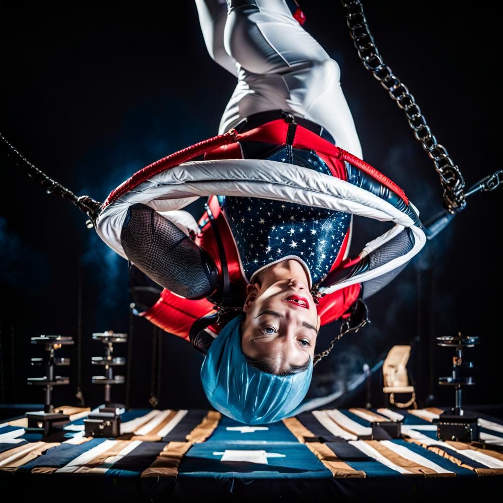 Shibari style . "Stunt girl does the famous Harry Houdini trick, liberation"