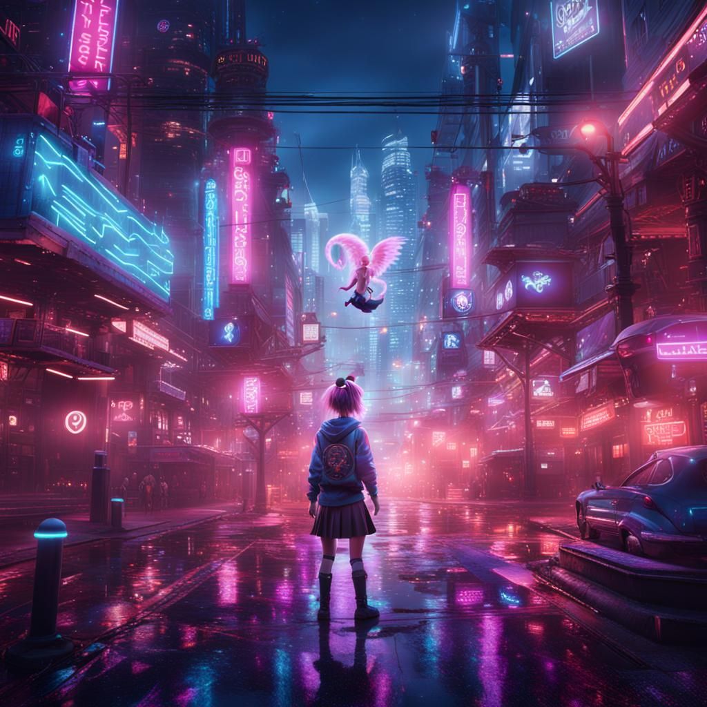 Magical Girl in Neon City: Fantasy Art