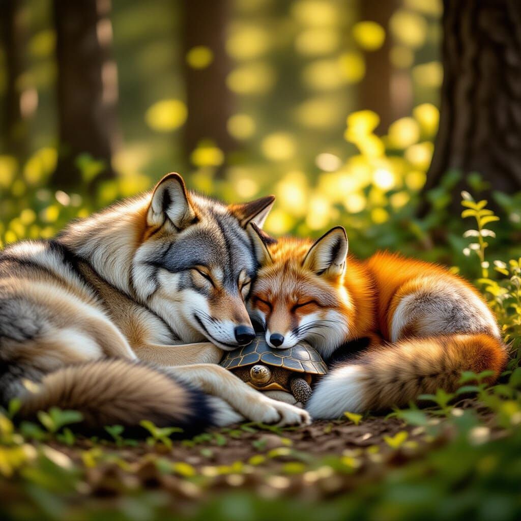 Wolf, Fox, and Turtle Sleep Together in Forest