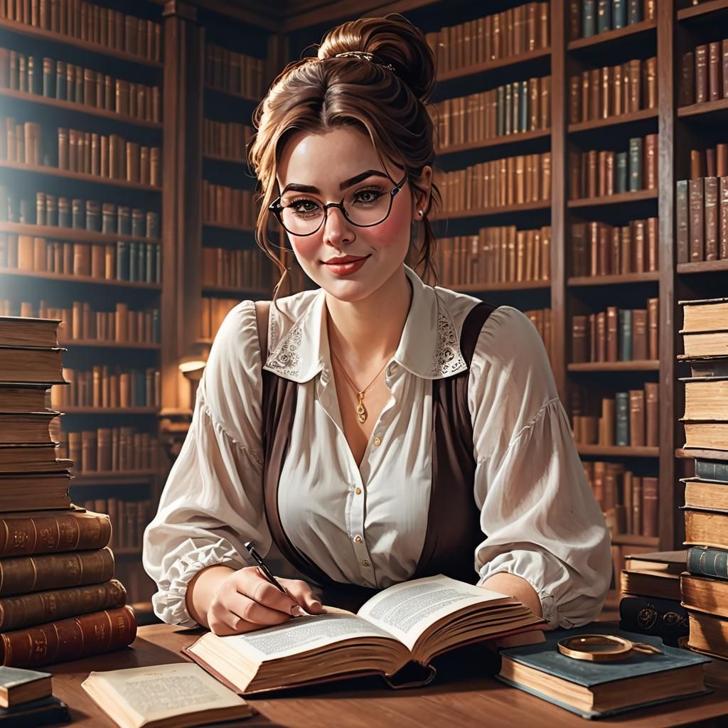 Young Woman Reading in an Old Library
