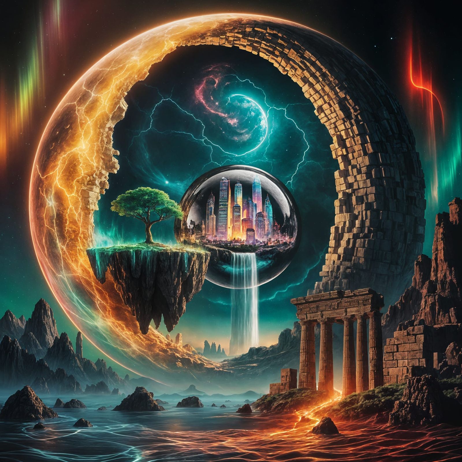 Celestial Ruins: Moon Shimmers in Ethereal Style