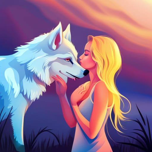 Sunset Kiss: Girl, Man, and Wolf in Hyperrealism