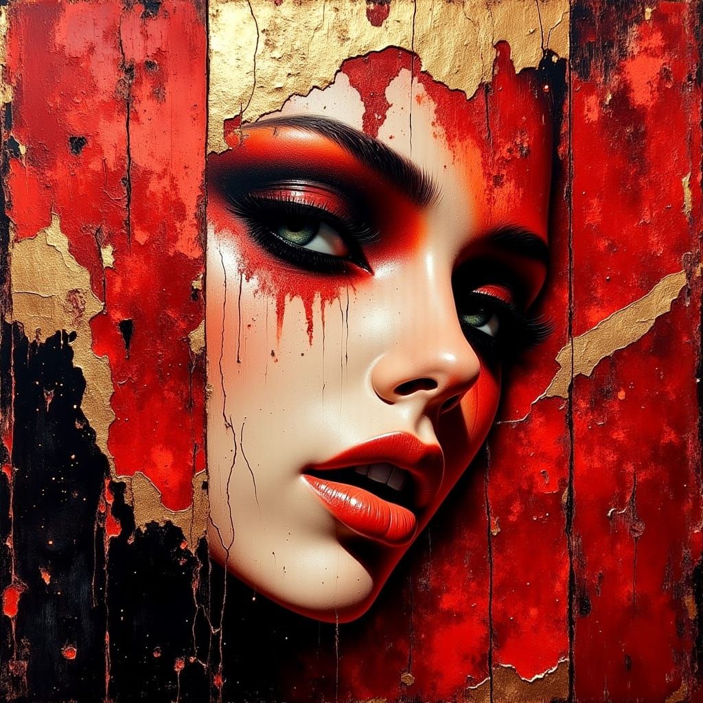 Red Morbid Art with Metallic Gold Leaf in a Dark, Opulent St...