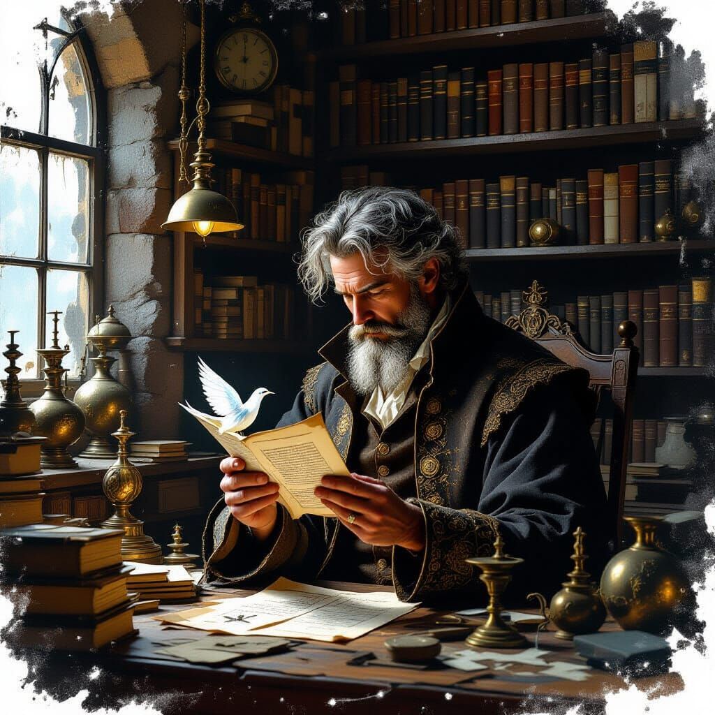 Alchemist Examines Magical Paper Bird in Dim Workshop