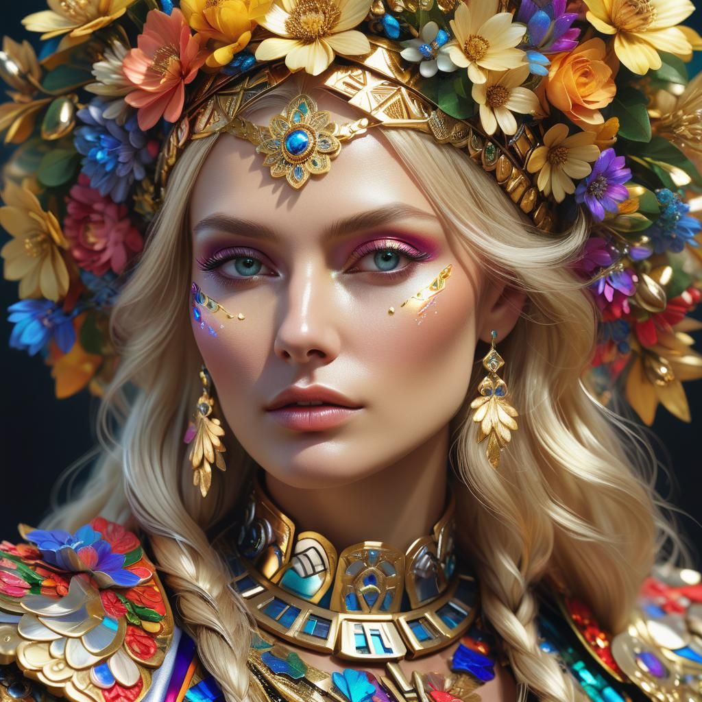 Beautiful Slavic Woman in Metallic Floral Wreath: Digital Ar...