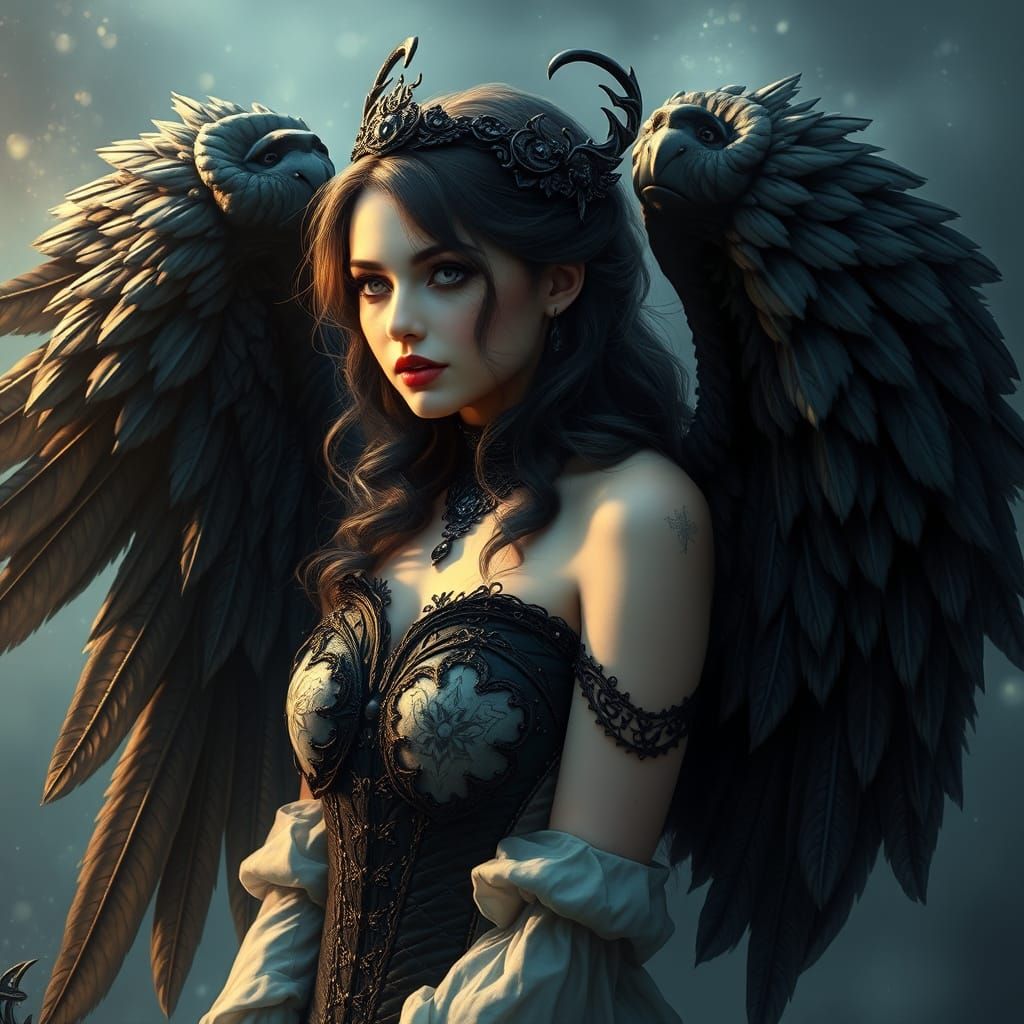 Goth Angel Goddess in Ethereal Fantasy Landscape